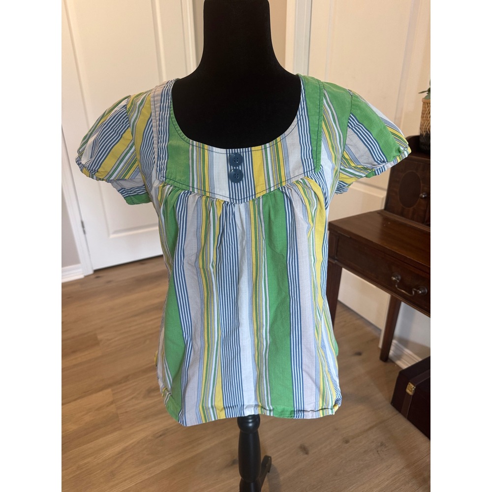 Tulle Anthropologie Green Blue Yellow Striped Cotton Puff Sleeve Blouse L